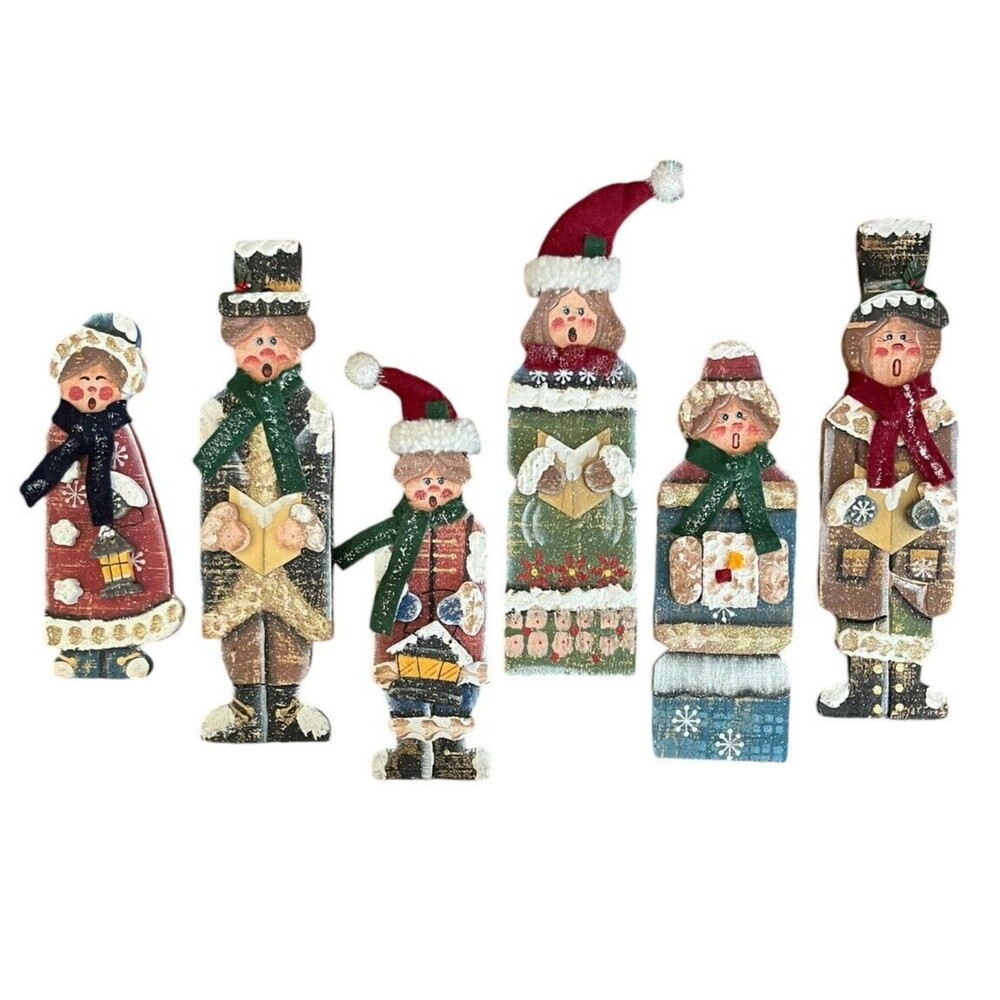 Vintage Wooden Christmas Carolers Hand-Painted Set Of 6 Rustic Victorian